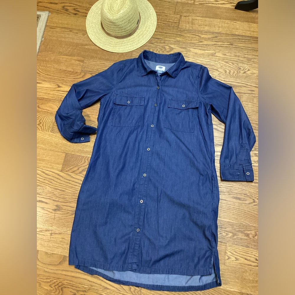 Old Navy Cotton Button Up Dark Chambray Denim Dress Size Medium